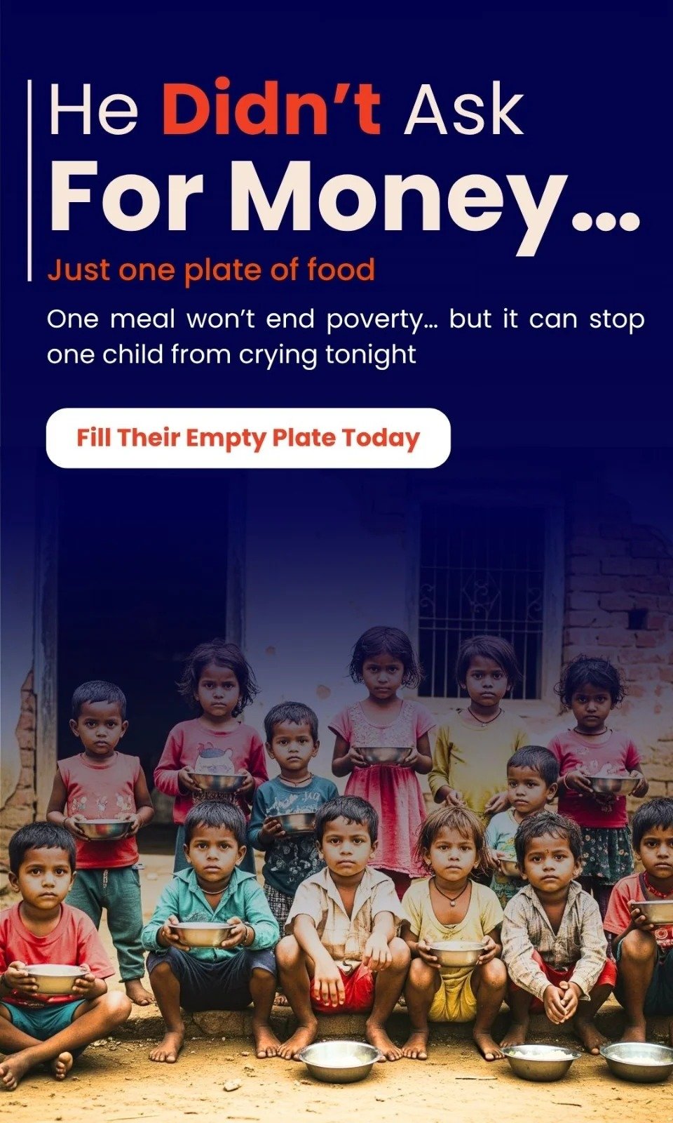 Group of underprivileged children holding empty plates, highlighting the urgent need for food donation to fight hunger and poverty