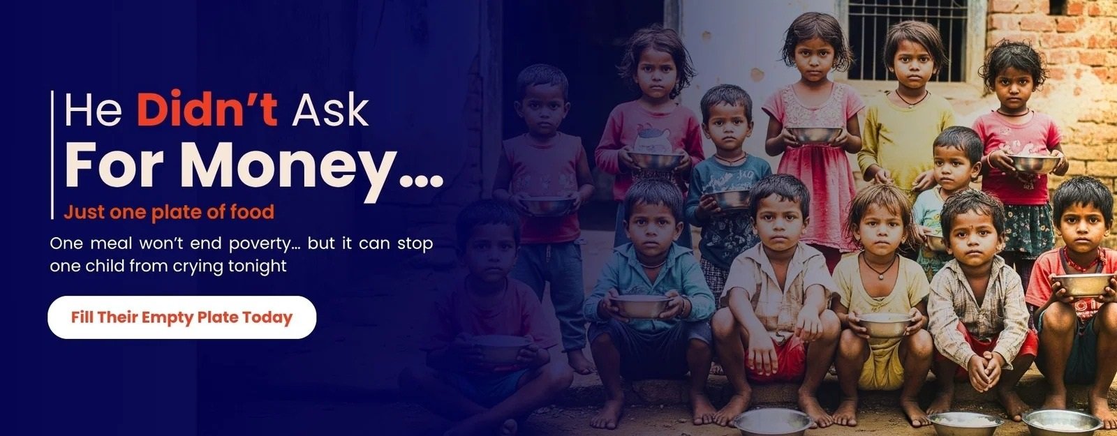 Group of underprivileged children holding empty plates, highlighting the urgent need for food donation to fight hunger and poverty